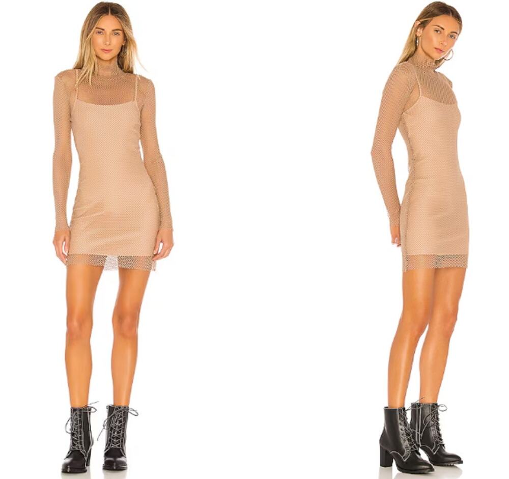 h:ours Hype Dress Nude Mesh Mock Neck Long Sleeve Bodycon Mini XXS NWOT